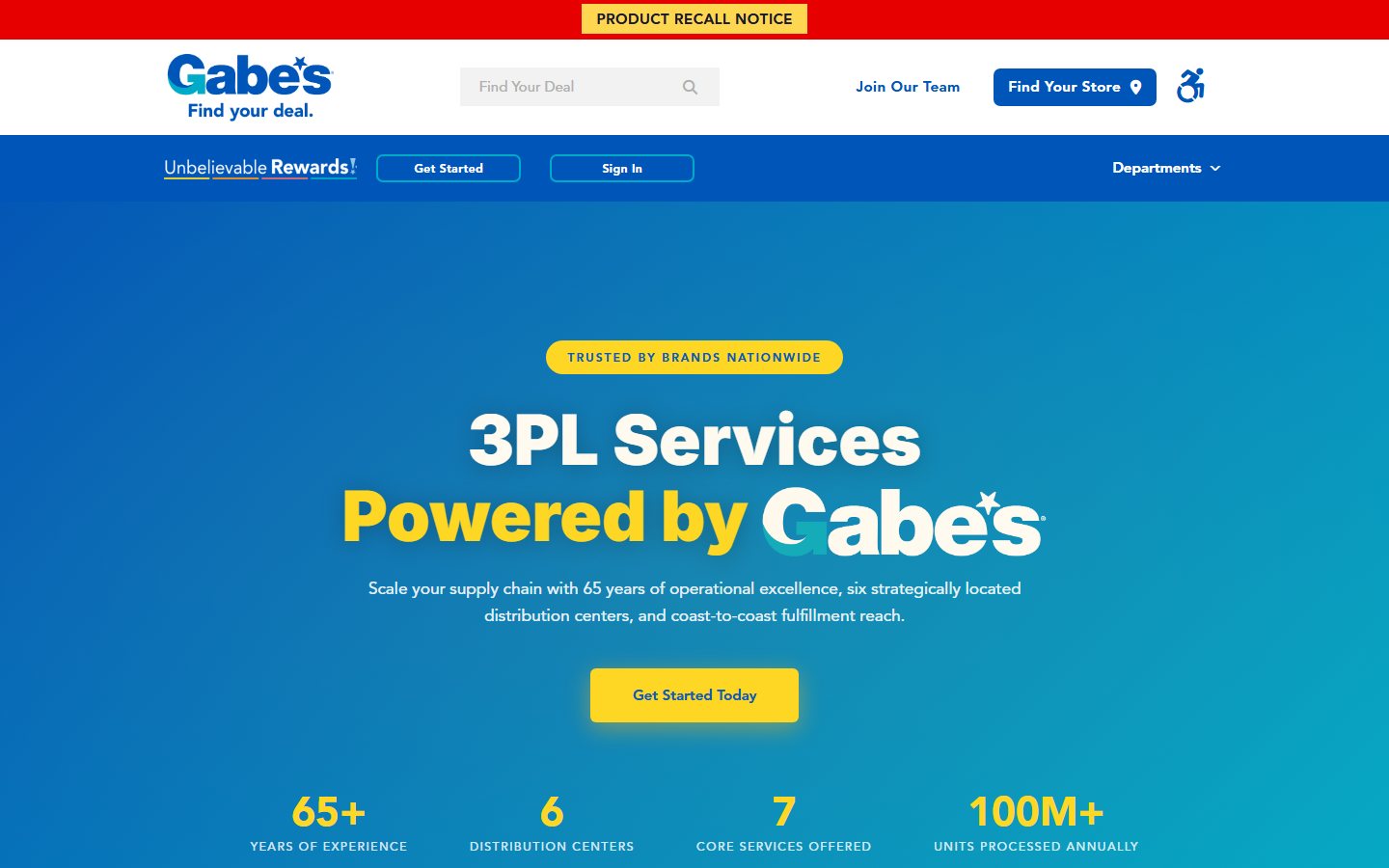 Gabe's 3PL Services page at gabesstores.com/3pl with the headline 3PL Services Powered by Gabe's and stats for 65+ years, 6 distribution centers, and 100M+ units processed annually