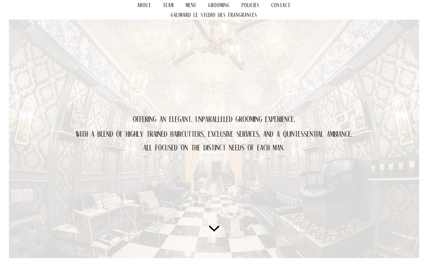 Homepage of houseofhandsome.com showing the gold and navy damask interior of the barbershop