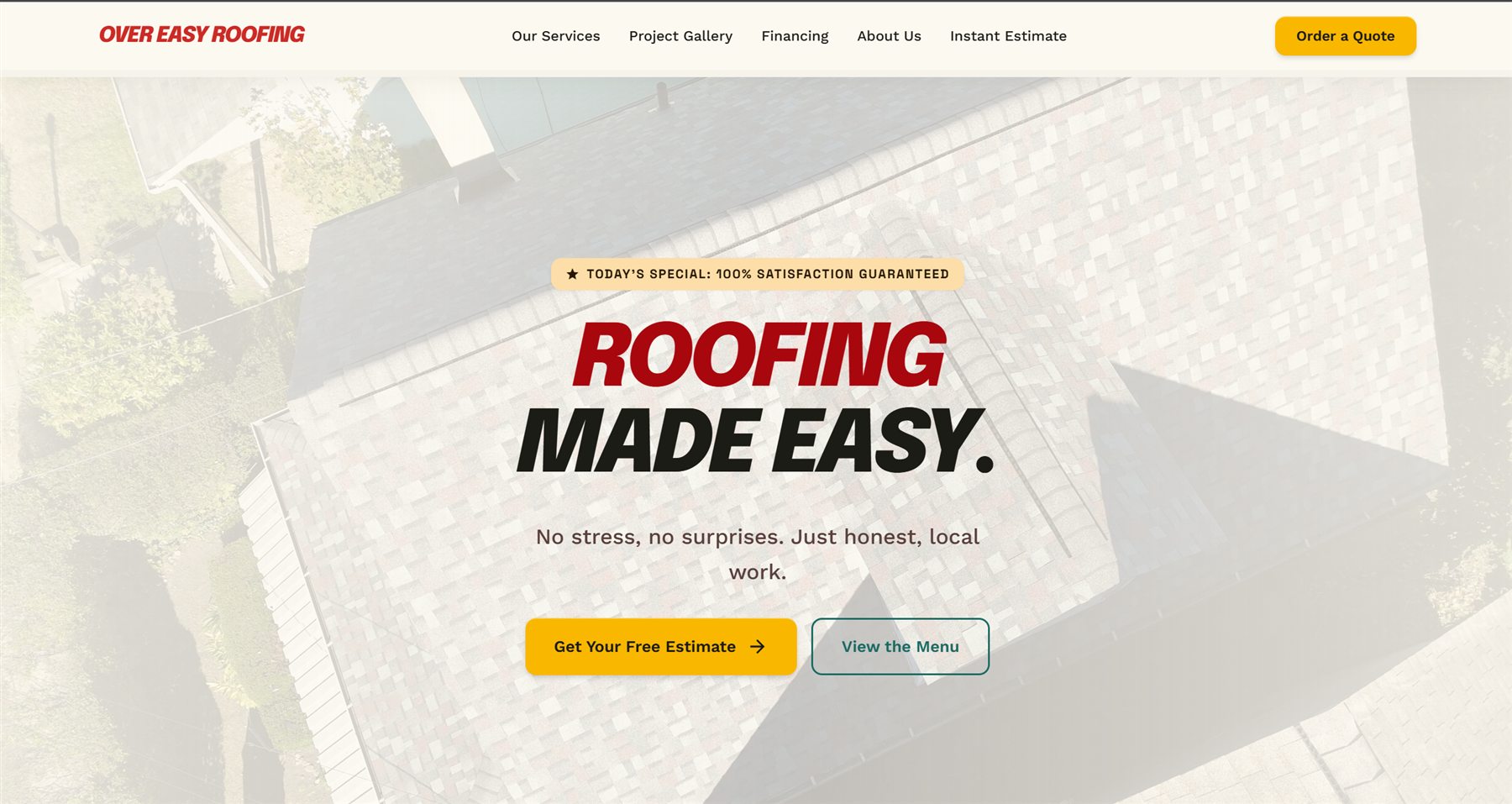 Homepage of overeasyroofing.com with the headline Roofing Made Easy over an aerial photo of a shingle roof