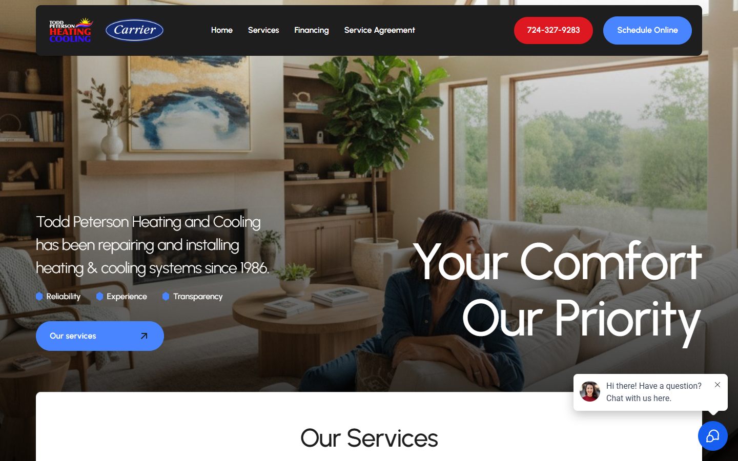 Homepage of tphc.com with the headline Your Comfort Our Priority over a bright living room